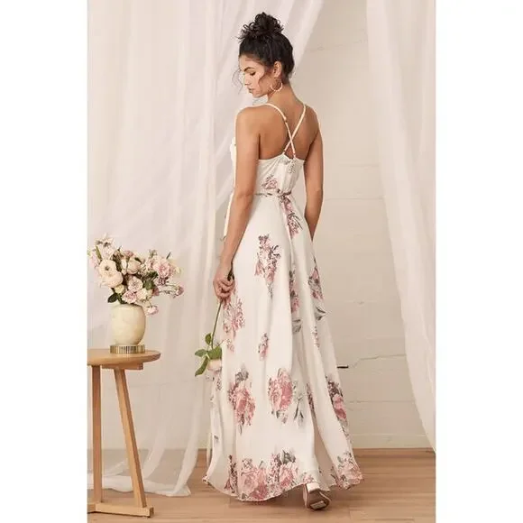 NEW Elegantly Inclined Cream Floral Print Wrap Maxi Dress L - Picture 2 of 5